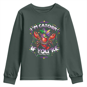 Funny I'm Catchin' If You're Throwin' Mardi Gras Youth Sweatshirt Crawfish Beads Jester Hat TS11 Dark Forest Green Print Your Wear