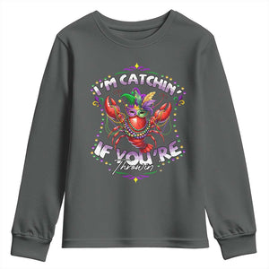 Funny I'm Catchin' If You're Throwin' Mardi Gras Youth Sweatshirt Crawfish Beads Jester Hat TS11 Dark Heather Print Your Wear