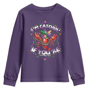 Funny I'm Catchin' If You're Throwin' Mardi Gras Youth Sweatshirt Crawfish Beads Jester Hat TS11 Purple Print Your Wear