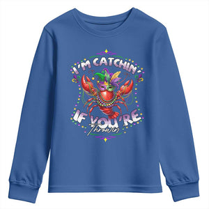 Funny I'm Catchin' If You're Throwin' Mardi Gras Youth Sweatshirt Crawfish Beads Jester Hat TS11 Royal Blue Print Your Wear