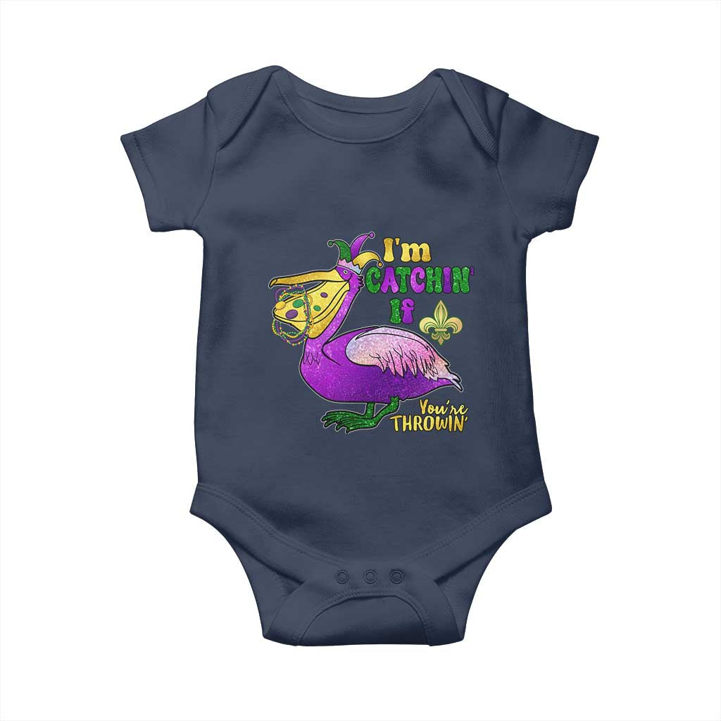 Funny Mardi Gras Pelican Baby Onesie I'm Catchin' If You're Throwin' Beads Doubloons TS11 Navy Print Your Wear