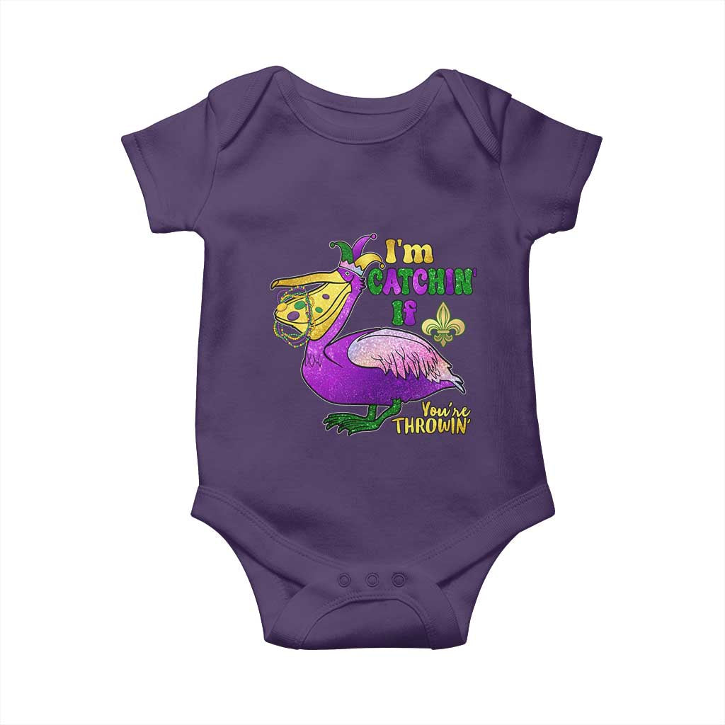 Funny Mardi Gras Pelican Baby Onesie I'm Catchin' If You're Throwin' Beads Doubloons TS11 Purple Print Your Wear