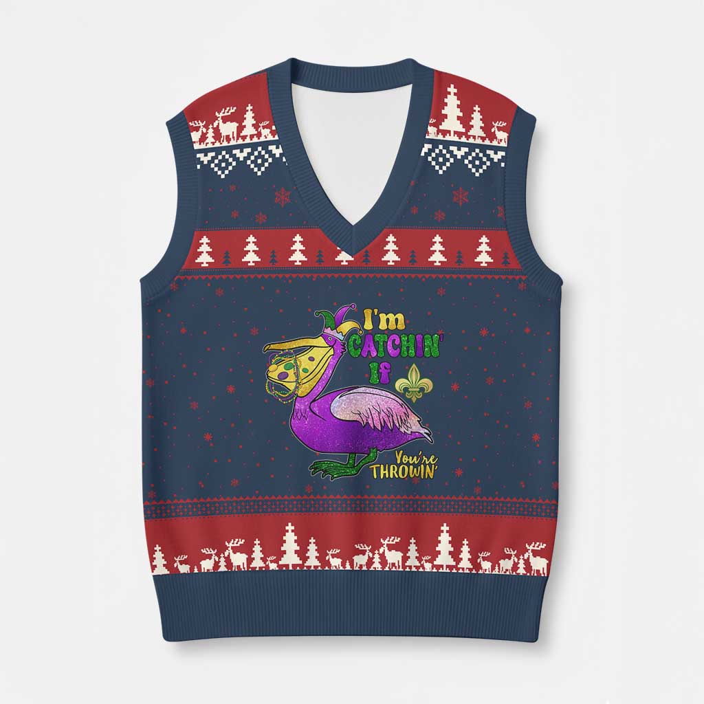 Funny Mardi Gras Pelican V-Neck Knit Sweater Vest I'm Catchin' If You're Throwin' Beads Doubloons TS11 Navy Red Print Your Wear