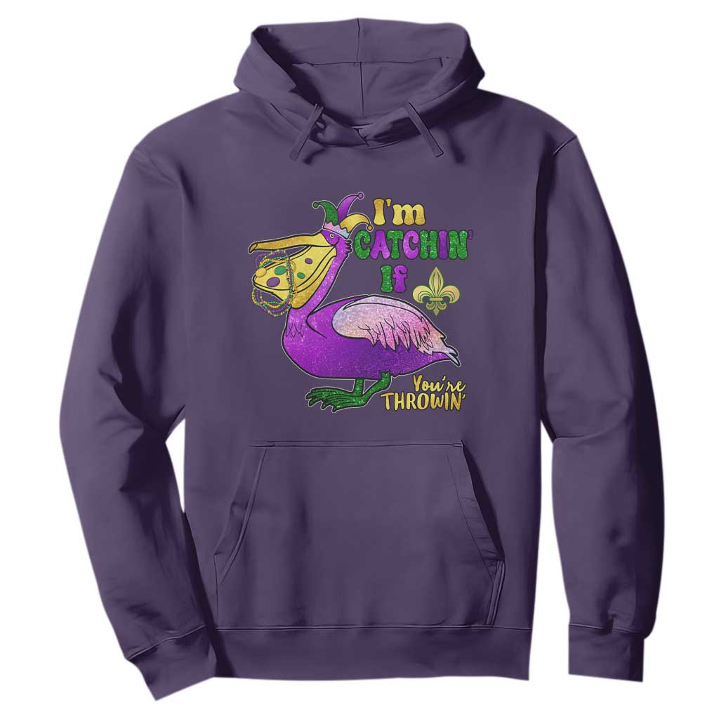 Funny Mardi Gras Pelican Hoodie I'm Catchin' If You're Throwin' Beads Doubloons TS11 Purple Print Your Wear