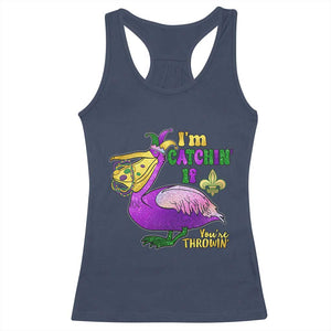 Funny Mardi Gras Pelican Racerback Tank Top I'm Catchin' If You're Throwin' Beads Doubloons TS11 Navy Print Your Wear