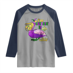 Funny Mardi Gras Pelican Raglan Shirt I'm Catchin' If You're Throwin' Beads Doubloons TS11 Sport Gray Navy Print Your Wear