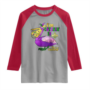 Funny Mardi Gras Pelican Raglan Shirt I'm Catchin' If You're Throwin' Beads Doubloons TS11 Sport Gray Red Print Your Wear
