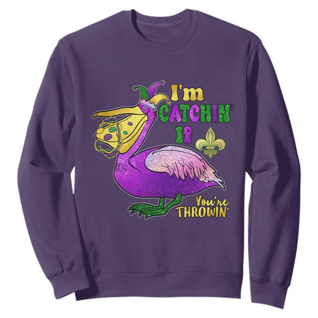 Funny Mardi Gras Pelican Sweatshirt I'm Catchin' If You're Throwin' Beads Doubloons TS11 Purple Print Your Wear