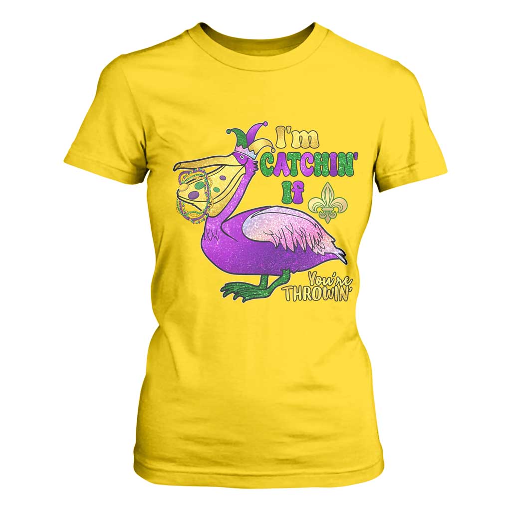 Funny Mardi Gras Pelican T Shirt For Women I'm Catchin' If You're Throwin' Beads Doubloons TS11 Daisy Print Your Wear