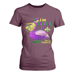 Funny Mardi Gras Pelican T Shirt For Women I'm Catchin' If You're Throwin' Beads Doubloons TS11 Maroon Print Your Wear