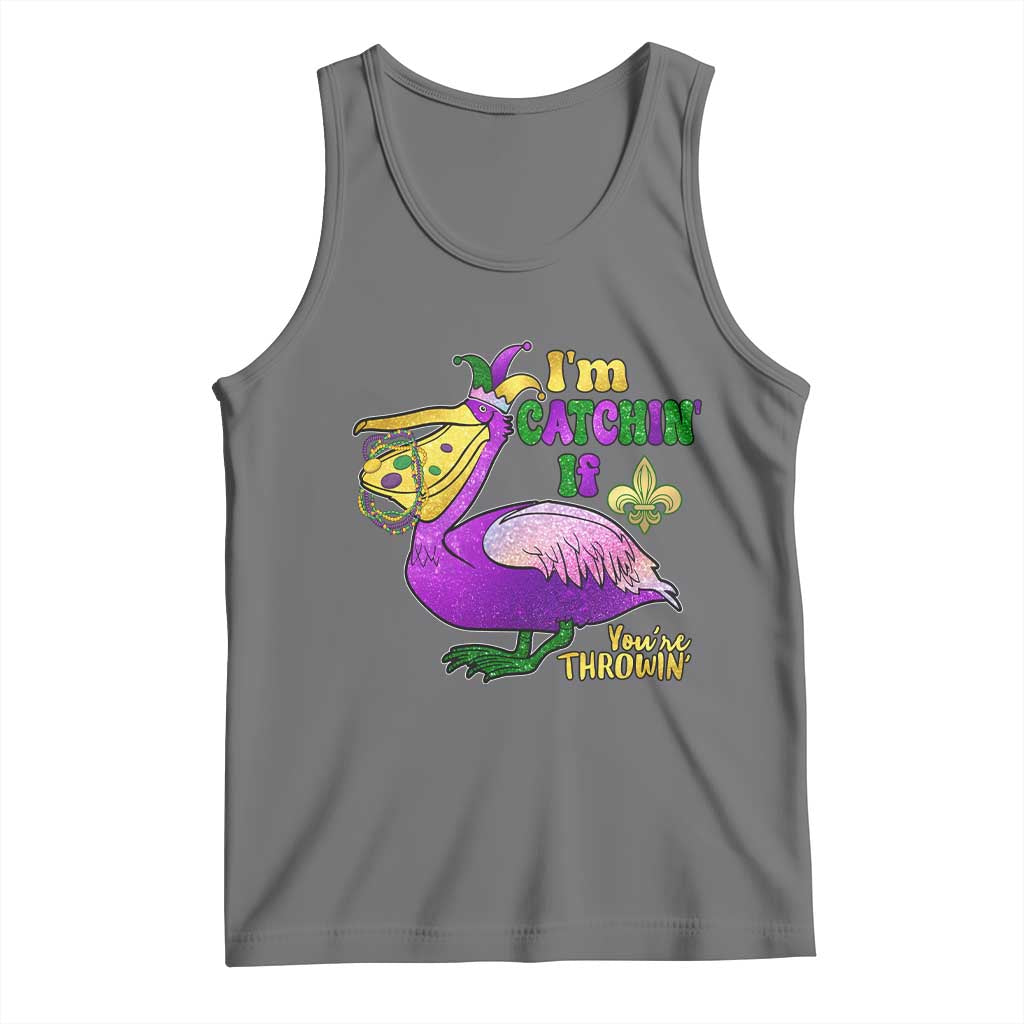 Funny Mardi Gras Pelican Tank Top I'm Catchin' If You're Throwin' Beads Doubloons TS11 Black Heather Print Your Wear