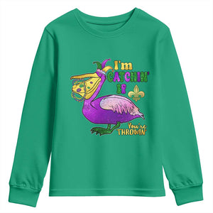 Funny Mardi Gras Pelican Youth Sweatshirt I'm Catchin' If You're Throwin' Beads Doubloons TS11 Irish Green Print Your Wear
