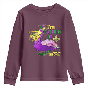 Funny Mardi Gras Pelican Youth Sweatshirt I'm Catchin' If You're Throwin' Beads Doubloons TS11 Maroon Print Your Wear