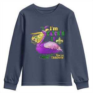 Funny Mardi Gras Pelican Youth Sweatshirt I'm Catchin' If You're Throwin' Beads Doubloons TS11 Navy Print Your Wear