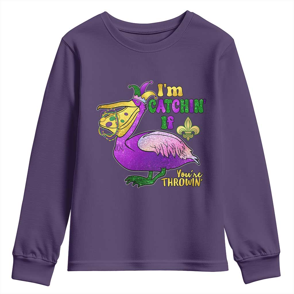 Funny Mardi Gras Pelican Youth Sweatshirt I'm Catchin' If You're Throwin' Beads Doubloons TS11 Purple Print Your Wear