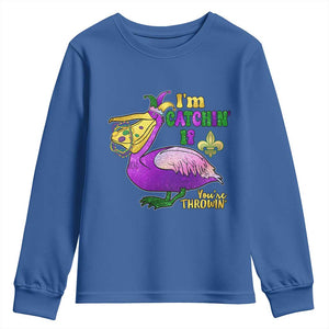 Funny Mardi Gras Pelican Youth Sweatshirt I'm Catchin' If You're Throwin' Beads Doubloons TS11 Royal Blue Print Your Wear