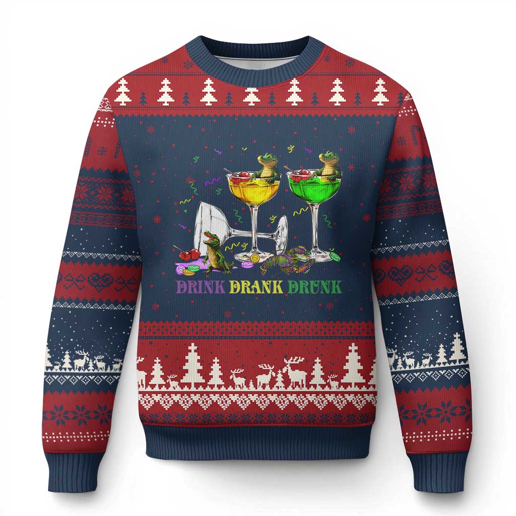 Funny Mardi Gras Drinking Ugly Christmas Sweater Drink Drank Drunk Glass Of Wine Alligators TS11 Navy Red Print Your Wear