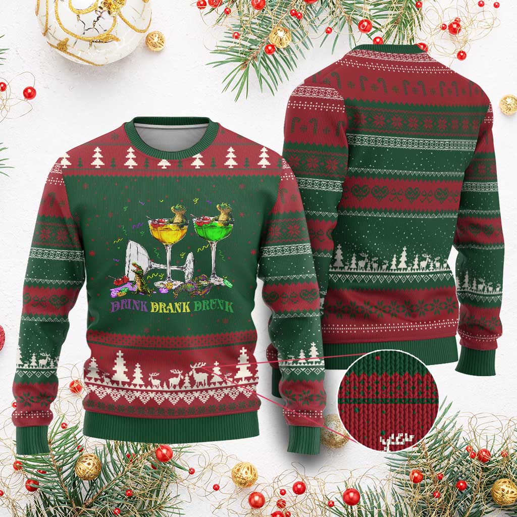 Funny Mardi Gras Drinking Ugly Christmas Sweater Drink Drank Drunk Glass Of Wine Alligators TS11 Red Green Print Your Wear