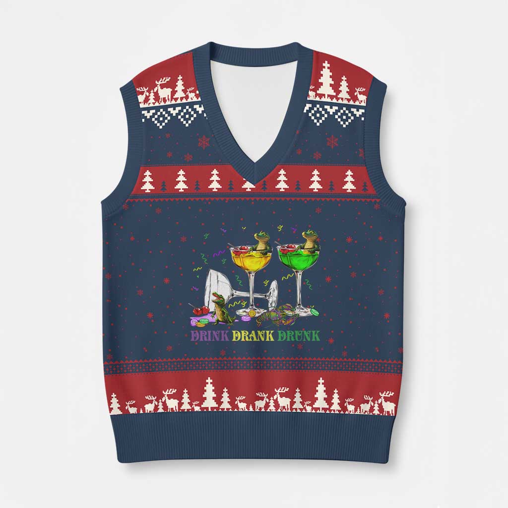 Funny Mardi Gras Drinking V-Neck Knit Sweater Vest Drink Drank Drunk Glass Of Wine Alligators TS11 Navy Red Print Your Wear