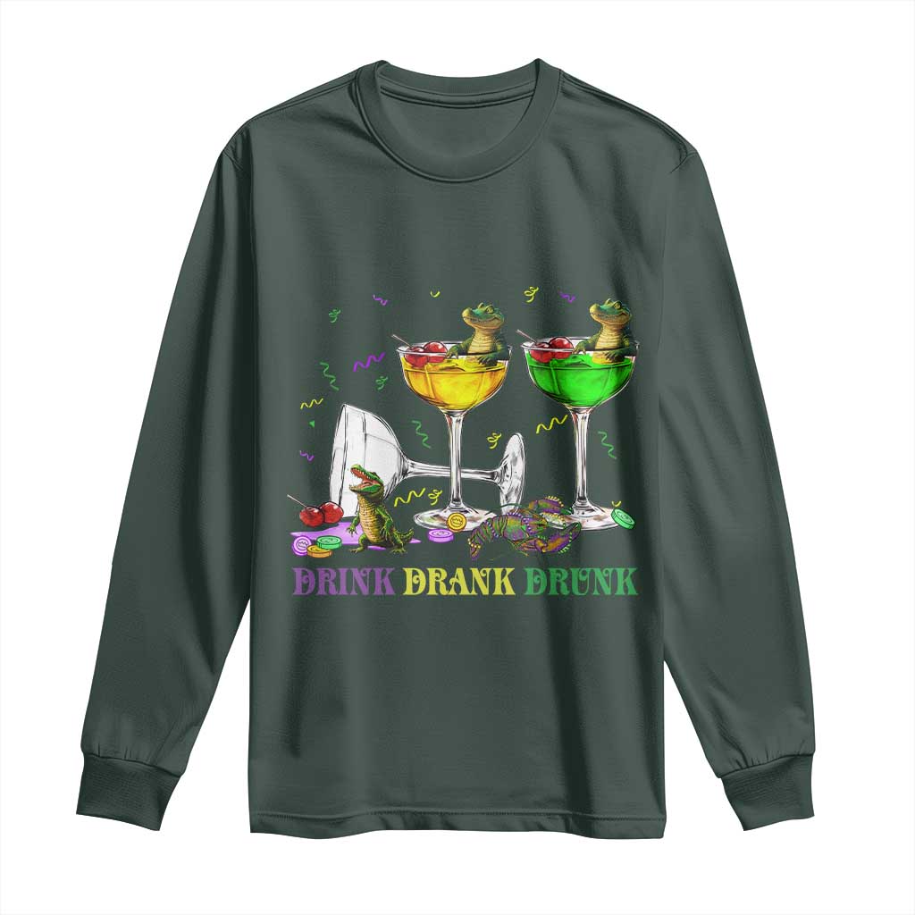 Funny Mardi Gras Drinking Long Sleeve Shirt Drink Drank Drunk Glass Of Wine Alligators TS11 Dark Forest Green Print Your Wear