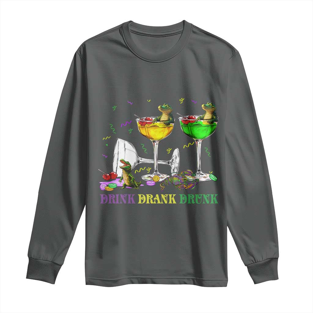 Funny Mardi Gras Drinking Long Sleeve Shirt Drink Drank Drunk Glass Of Wine Alligators TS11 Dark Heather Print Your Wear