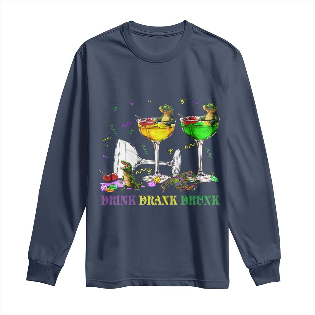 Funny Mardi Gras Drinking Long Sleeve Shirt Drink Drank Drunk Glass Of Wine Alligators TS11 Navy Print Your Wear