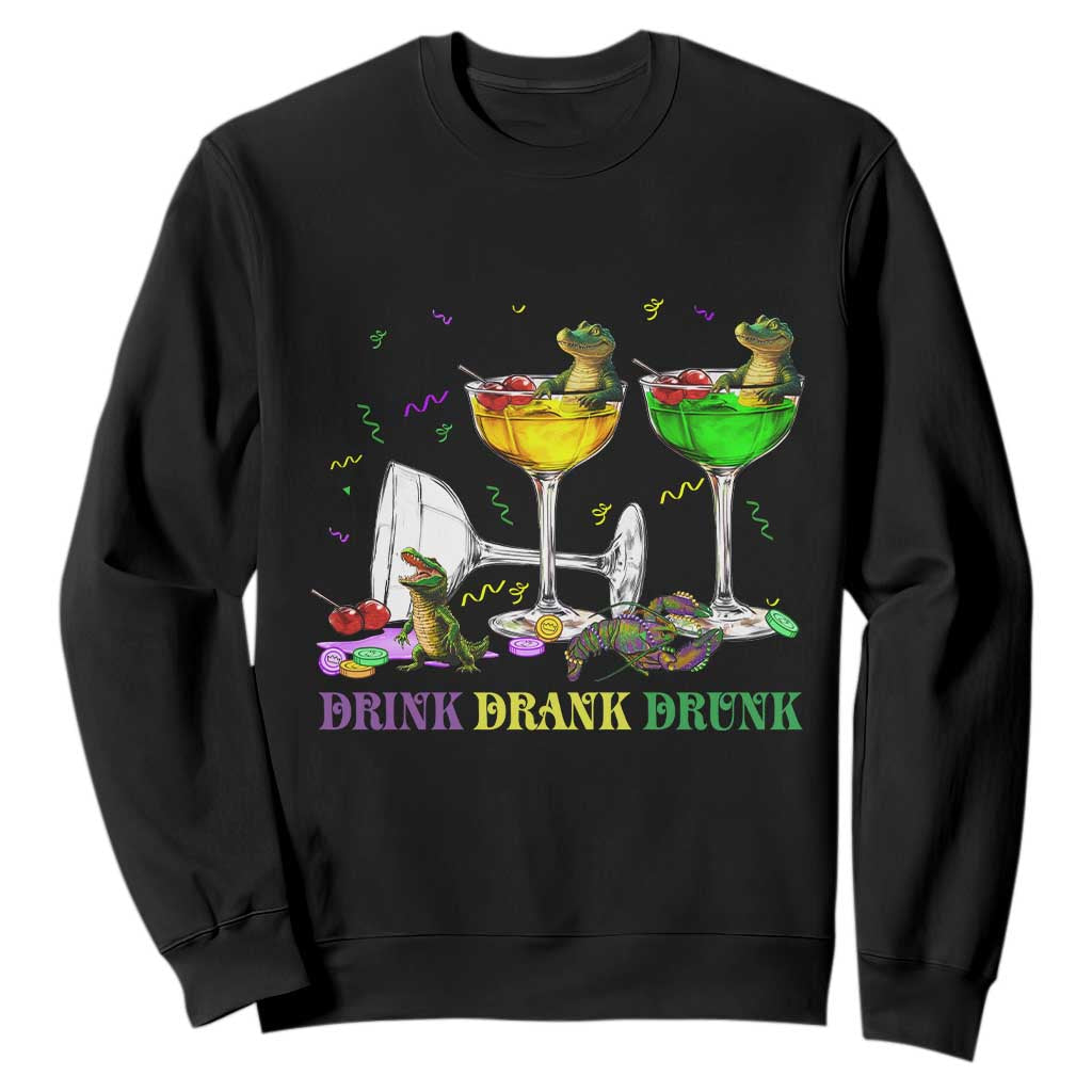 Funny Mardi Gras Drinking Sweatshirt Drink Drank Drunk Glass Of Wine Alligators TS11 Black Print Your Wear
