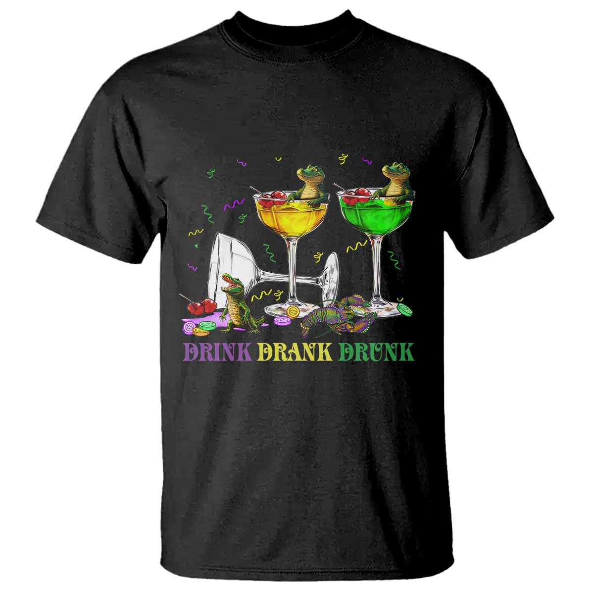 Funny Mardi Gras Drinking T Shirt Drink Drank Drunk Glass Of Wine Alligators TS11 Black Print Your Wear