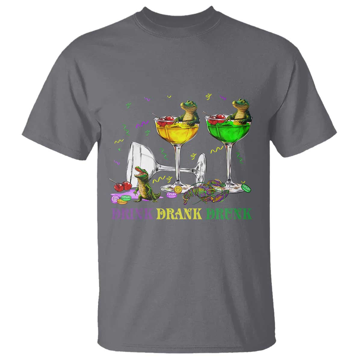 Funny Mardi Gras Drinking T Shirt Drink Drank Drunk Glass Of Wine Alligators TS11 Charcoal Print Your Wear
