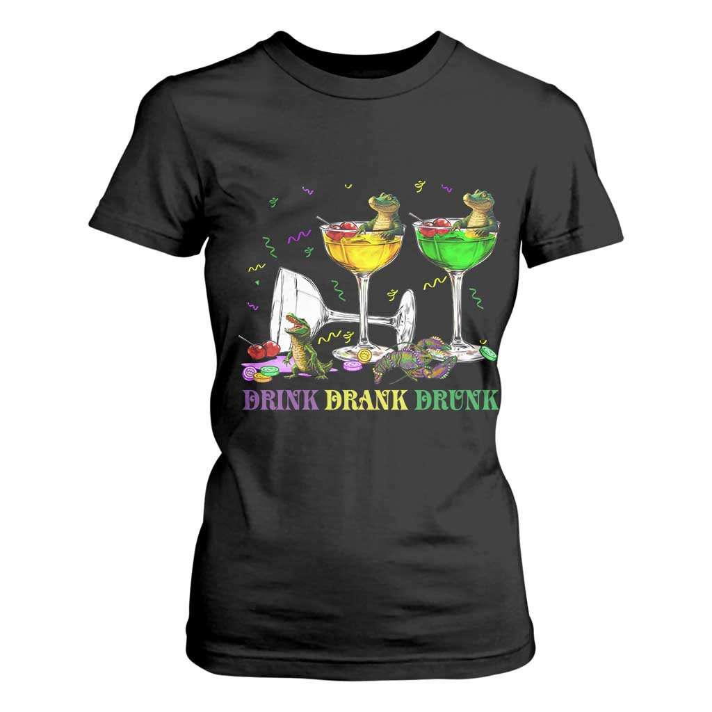 Funny Mardi Gras Drinking T Shirt For Women Drink Drank Drunk Glass Of Wine Alligators TS11 Black Print Your Wear