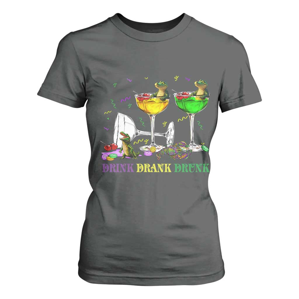 Funny Mardi Gras Drinking T Shirt For Women Drink Drank Drunk Glass Of Wine Alligators TS11 Dark Heather Print Your Wear