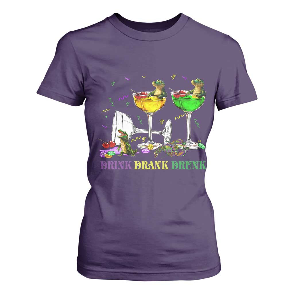 Funny Mardi Gras Drinking T Shirt For Women Drink Drank Drunk Glass Of Wine Alligators TS11 Purple Print Your Wear