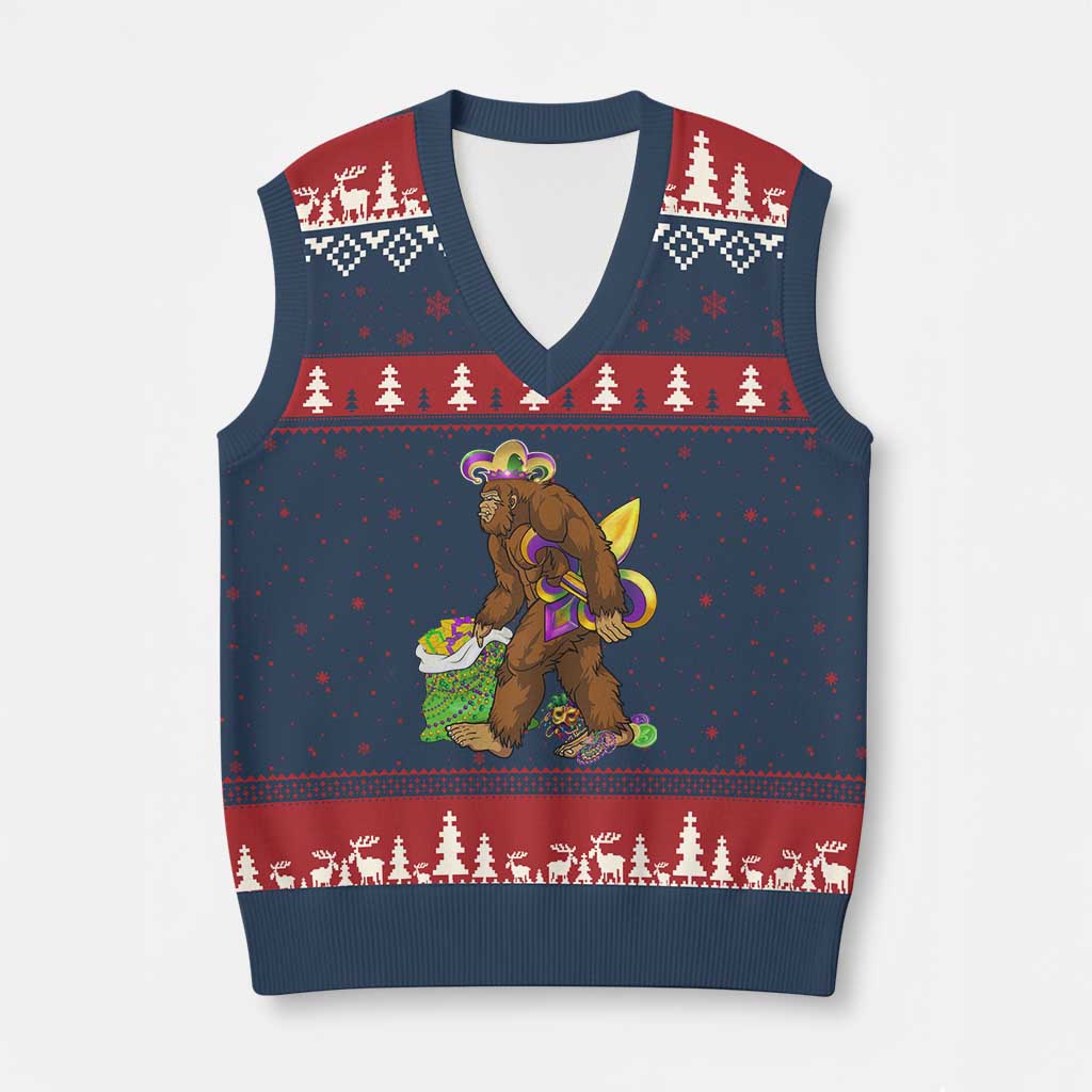Funny Bigfoot Carnival Mardi Gras Party V-Neck Knit Sweater Vest TS11 Navy Red Print Your Wear