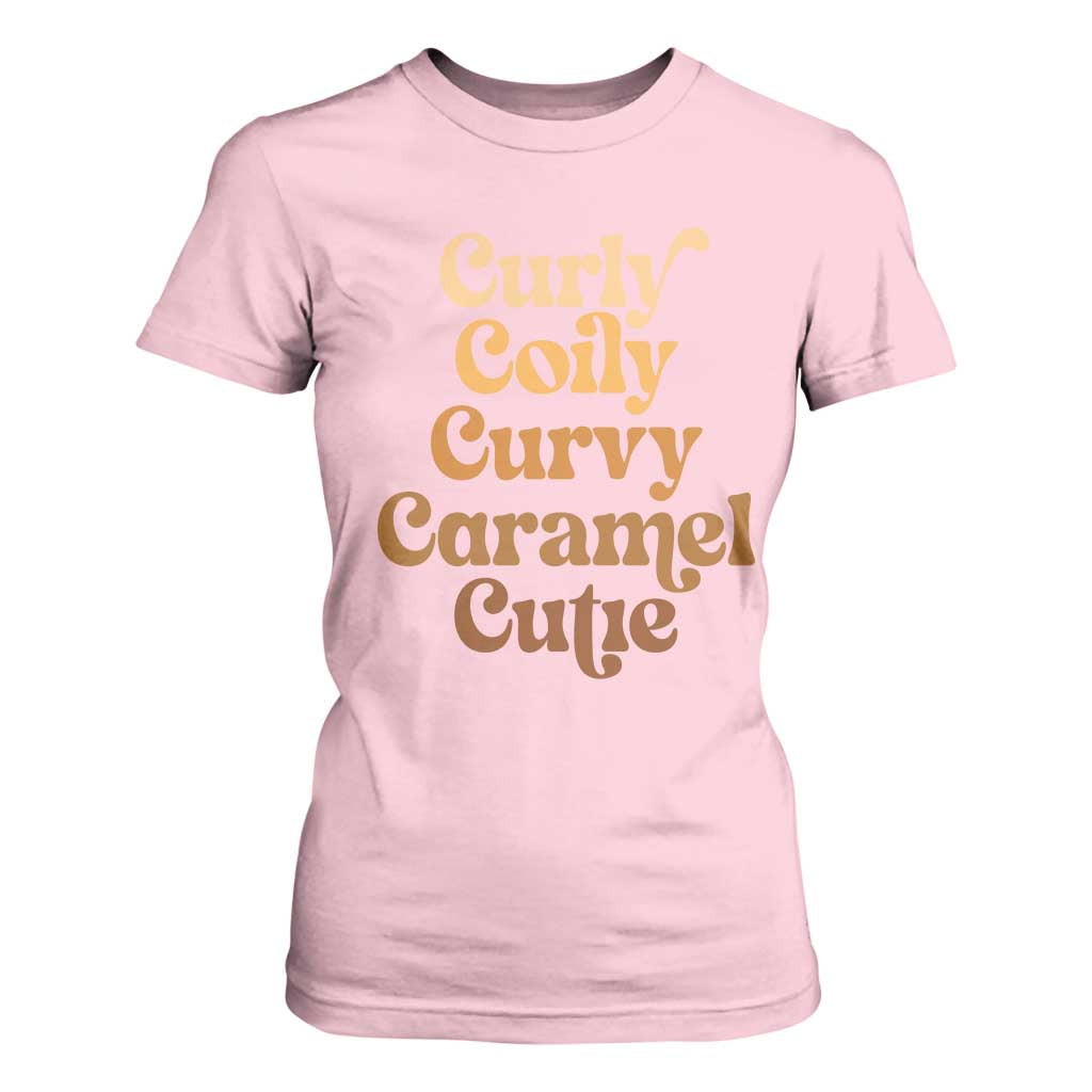 Afro Black Hair Melanin T Shirt For Women Curly Coily Curvy Caramel Cutie TS11 Light Pink Print Your Wear