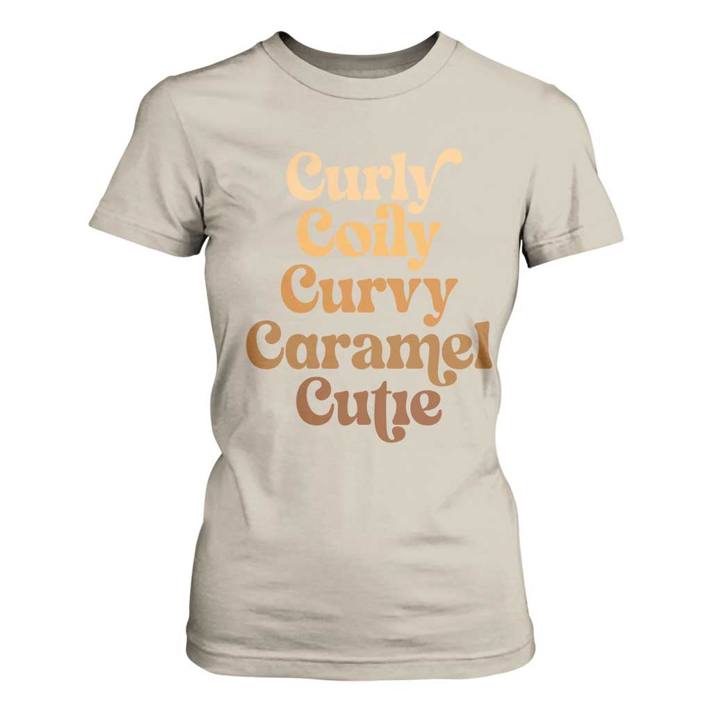 Afro Black Hair Melanin T Shirt For Women Curly Coily Curvy Caramel Cutie TS11 Sand Print Your Wear