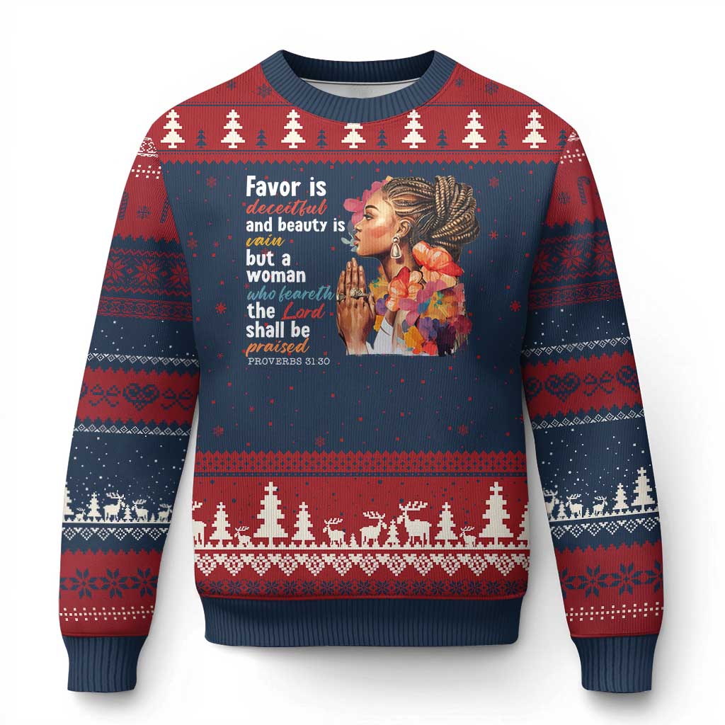 Christian African American Ugly Christmas Sweater Favor Is Deceitful And Beauty Is Vain TS11 Navy Red Print Your Wear