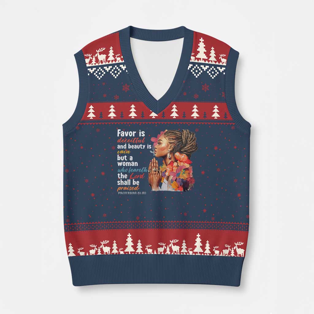 Christian African American V-Neck Knit Sweater Vest Favor Is Deceitful And Beauty Is Vain TS11 Navy Red Print Your Wear