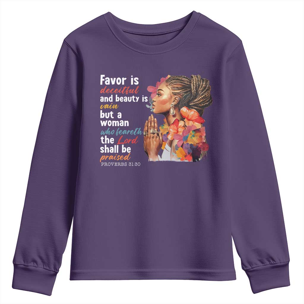 Christian African American Youth Sweatshirt Favor Is Deceitful And Beauty Is Vain TS11 Purple Print Your Wear