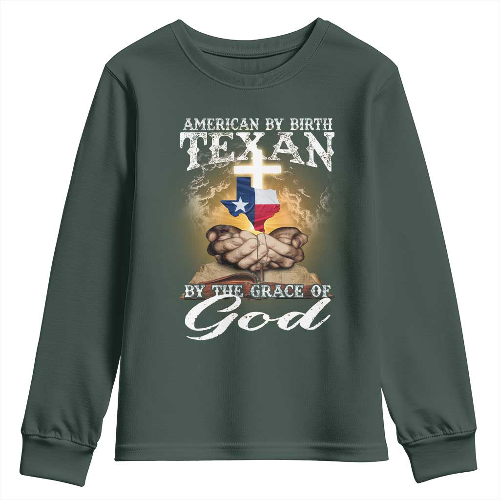 American Texan Jesus Youth Sweatshirt American By Birth Texan By The Grace Of God TS11 Dark Forest Green Print Your Wear