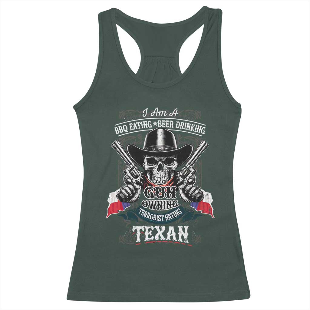 Funny American Texan Racerback Tank Top I Am A BBQ Eating Beer Drinking Gun Owning Texan TS11 Dark Forest Green Print Your Wear