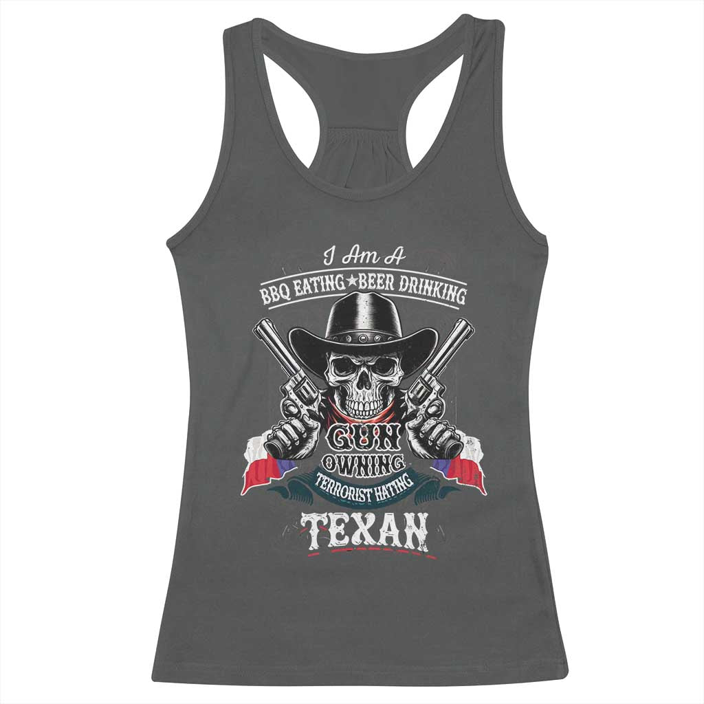 Funny American Texan Racerback Tank Top I Am A BBQ Eating Beer Drinking Gun Owning Texan TS11 Dark Heather Print Your Wear