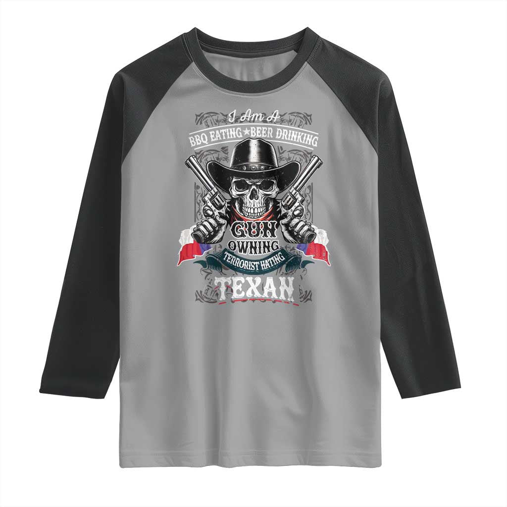 Funny American Texan Raglan Shirt I Am A BBQ Eating Beer Drinking Gun Owning Texan TS11 Sport Gray Black Print Your Wear