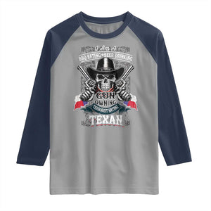 Funny American Texan Raglan Shirt I Am A BBQ Eating Beer Drinking Gun Owning Texan TS11 Sport Gray Navy Print Your Wear