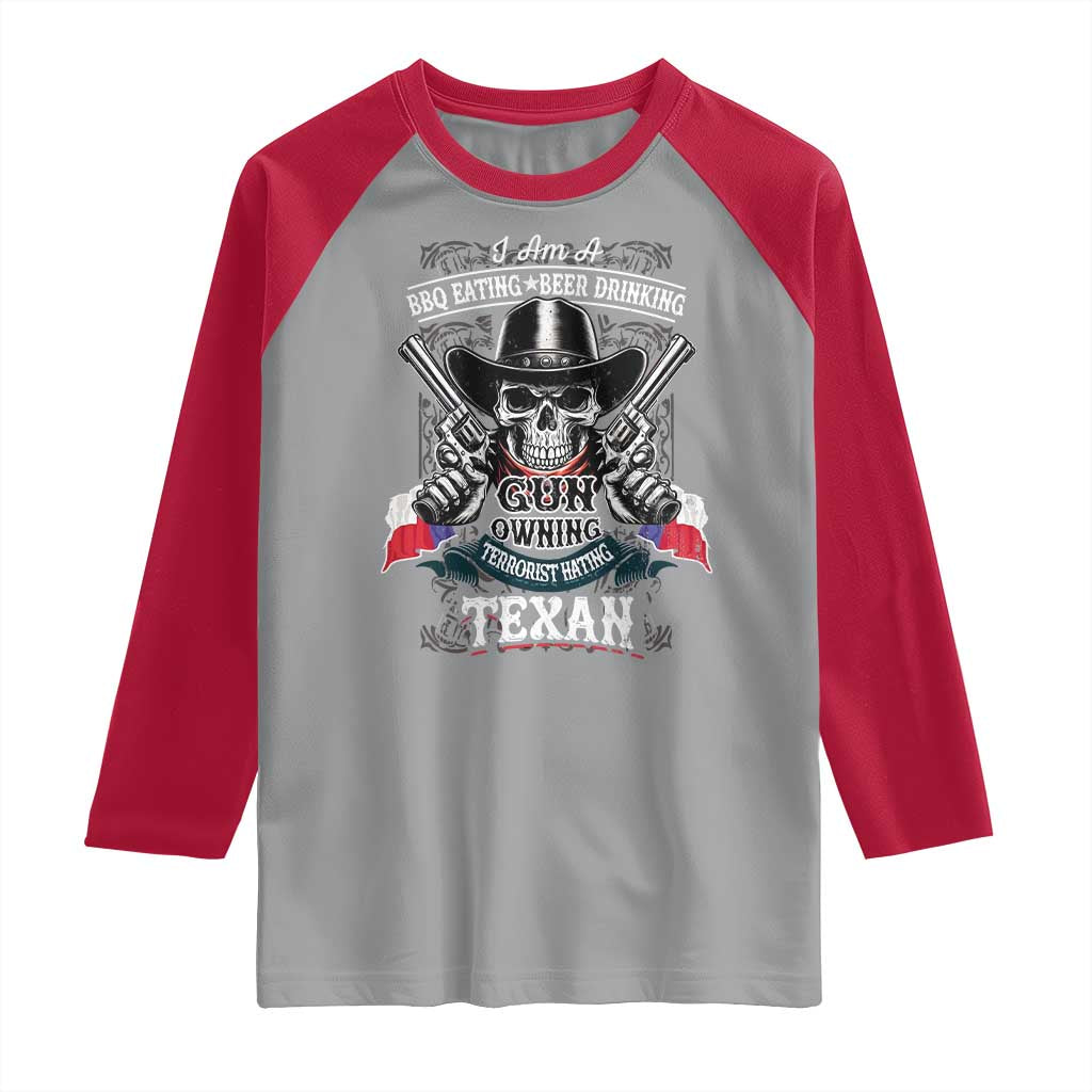 Funny American Texan Raglan Shirt I Am A BBQ Eating Beer Drinking Gun Owning Texan TS11 Sport Gray Red Print Your Wear
