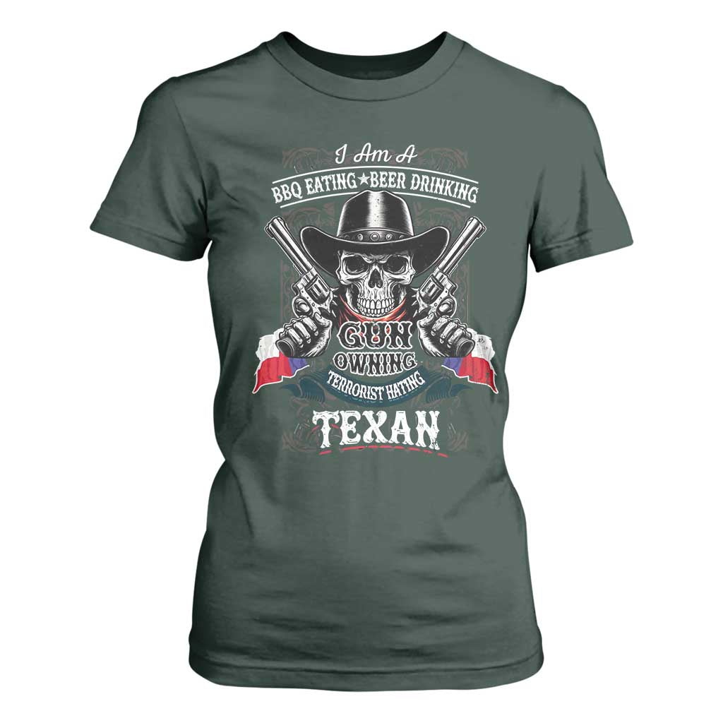 Funny American Texan T Shirt For Women I Am A BBQ Eating Beer Drinking Gun Owning Texan TS11 Dark Forest Green Print Your Wear