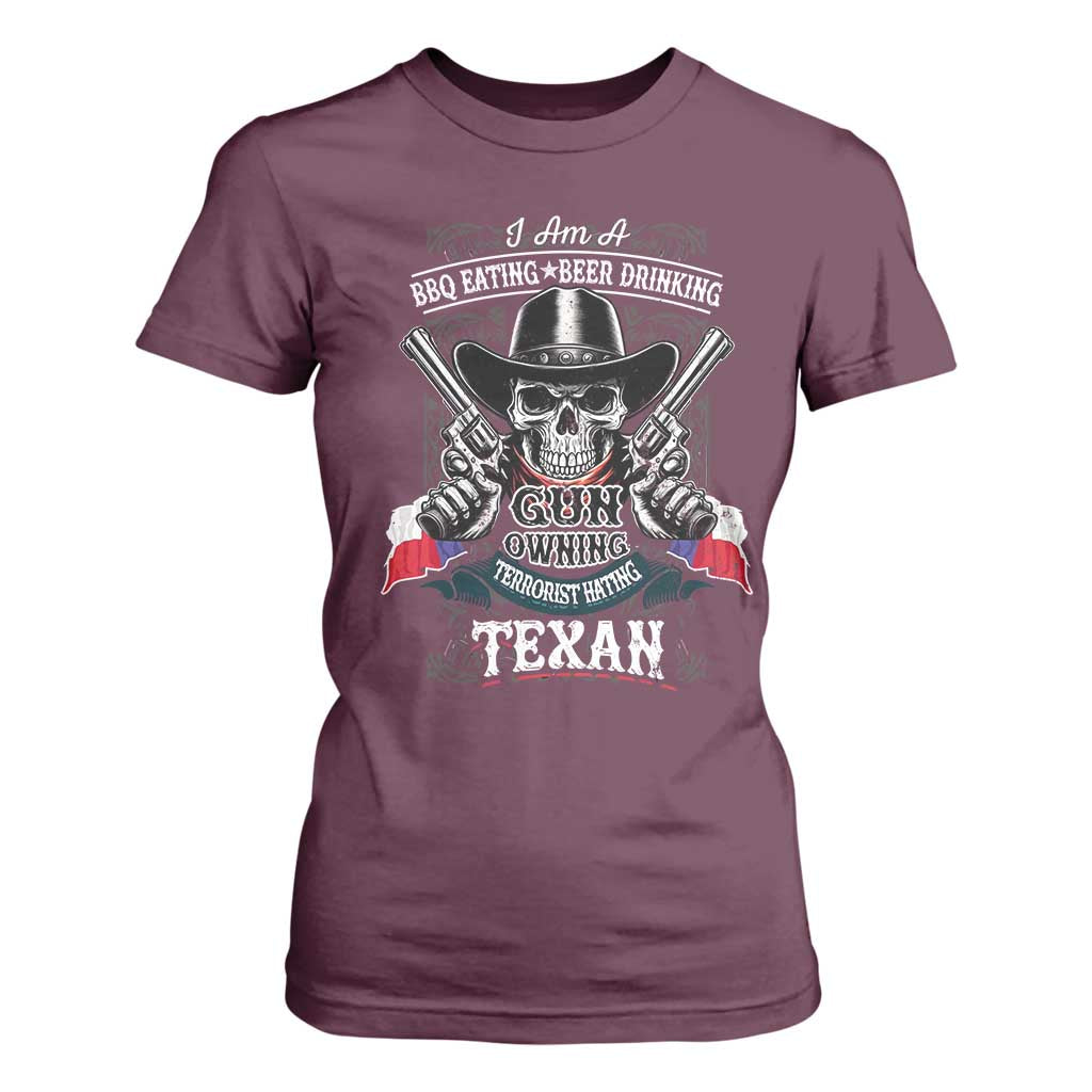 Funny American Texan T Shirt For Women I Am A BBQ Eating Beer Drinking Gun Owning Texan TS11 Maroon Print Your Wear