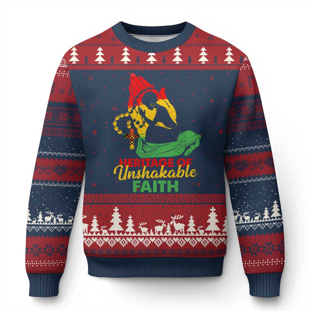 Christian African American Ugly Christmas Sweater Heritage Of Unshakable Faith Black History Month TS11 Navy Red Print Your Wear