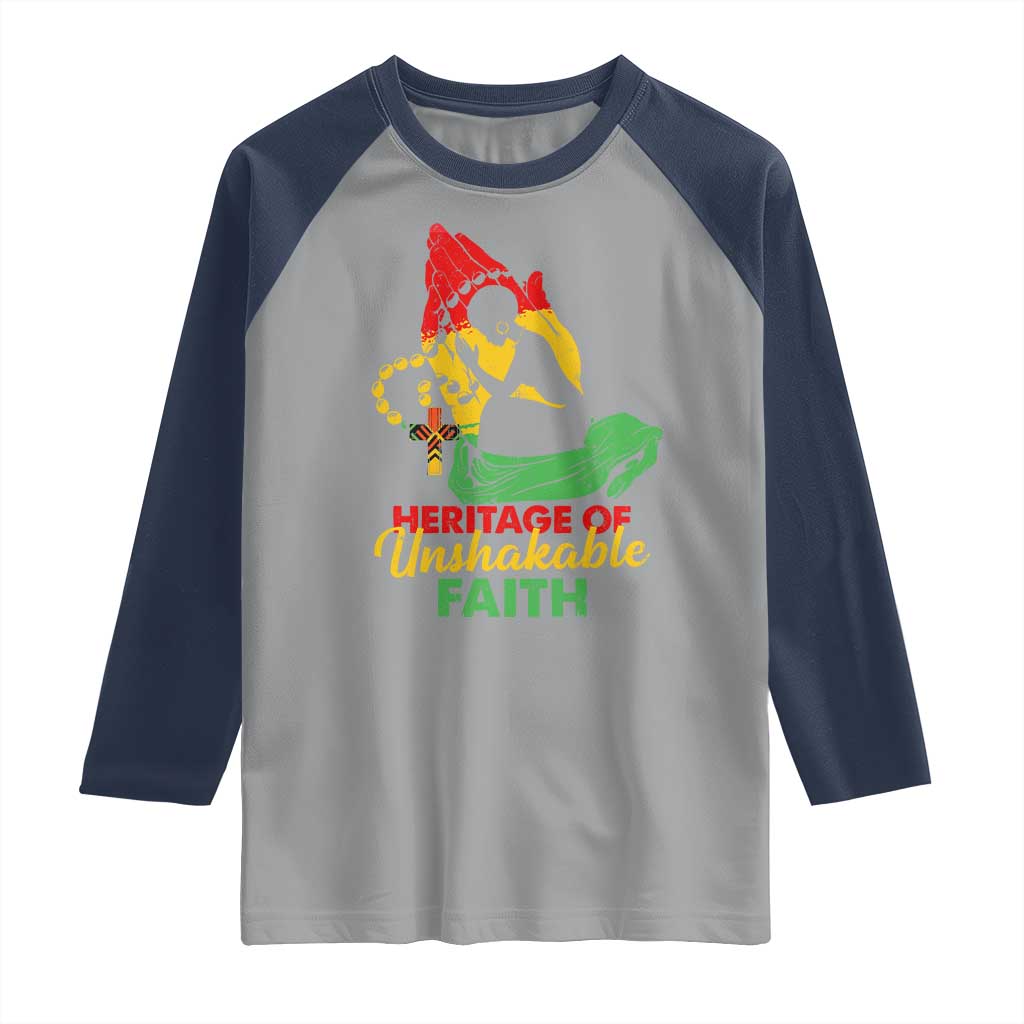 Christian African American Raglan Shirt Heritage Of Unshakable Faith Black History Month TS11 Sport Gray Navy Print Your Wear