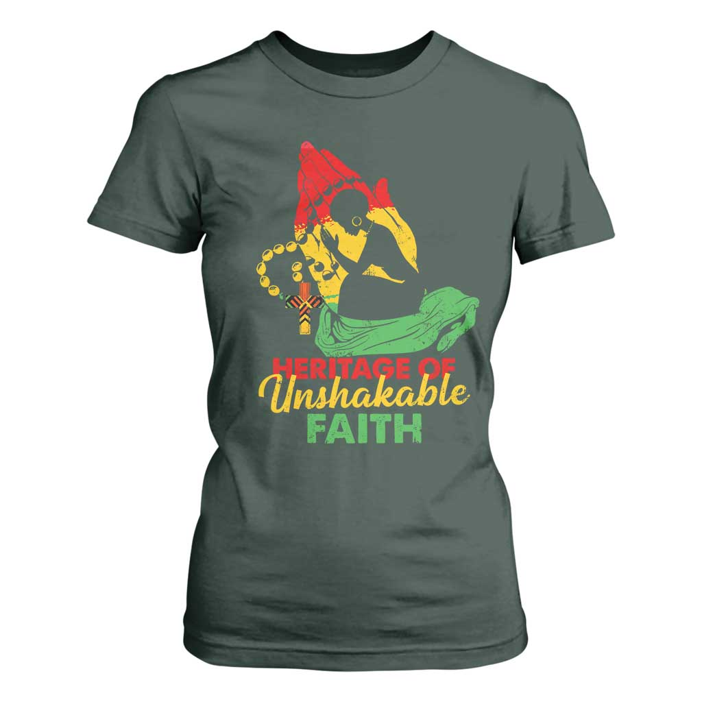 Christian African American T Shirt For Women Heritage Of Unshakable Faith Black History Month TS11 Dark Forest Green Print Your Wear
