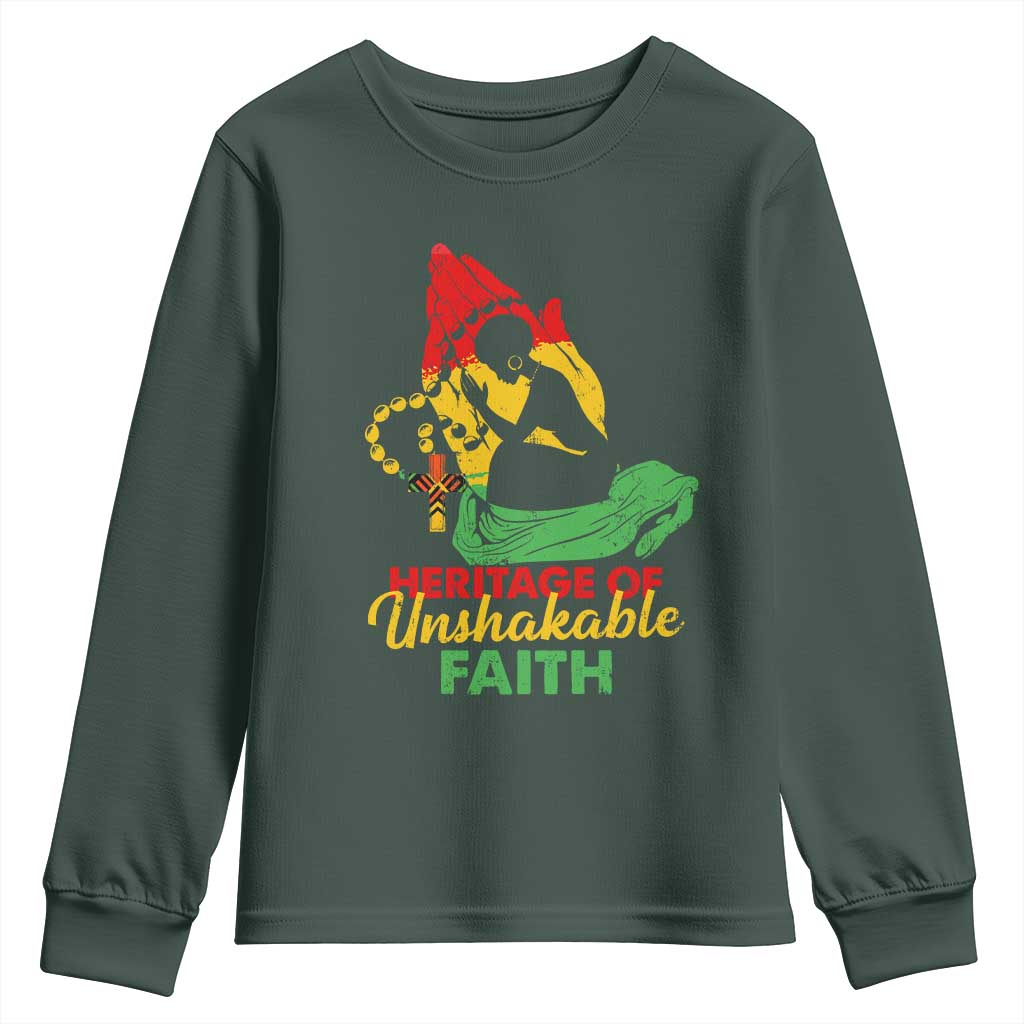 Christian African American Youth Sweatshirt Heritage Of Unshakable Faith Black History Month TS11 Dark Forest Green Print Your Wear